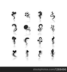 Odor drop shadow black glyph icons set. Good and bad smell. Heart shape odour, fluid. Evaporation flow. Aromatic fragrance. Smog stream, fume swirls. Isolated vector illustrations on white space