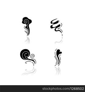 Odor drop shadow black glyph icons set. Good smell. Wind swirl, nice perfume scent. Aromatic fragrance flow with heart shape. Smoke puff, steam curls. Isolated vector illustrations on white space