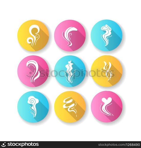 Odor flat design long shadow glyph icons set. Good and bad smell. Heart shape nice odour. Stinking stench. Aromatic fragrance. Smog stream, fume swirls. Silhouette RGB color illustration