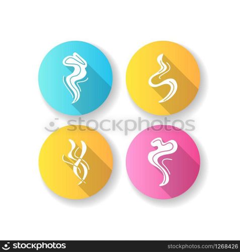 Odor flat design long shadow glyph icons set. Good smell. Fluid, nice perfume scent. Aromatic fragrance flowing curves. Smoke puff, hot steam curls, fume swirls. Silhouette RGB color illustration