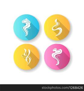 Odor flat design long shadow glyph icons set. Good smell. Fluid, nice perfume scent. Aromatic fragrance flowing curves. Smoke puff, hot steam curls, fume swirls. Silhouette RGB color illustration