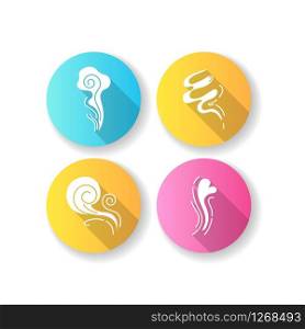 Odor flat design long shadow glyph icons set. Good smell. Wind swirl, nice perfume scent. Aromatic fragrance flow with heart shape. Smoke puff, steam curls. Silhouette RGB color illustration