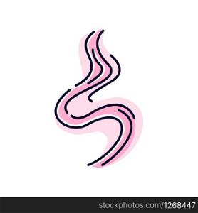 Odor pink RGB color icon. Good smell. Aroma swirl, nice perfume scent wave. Aromatic fragrance flowing spirals, wind. Smoke puff, steam curl, evaporation. Isolated vector illustration