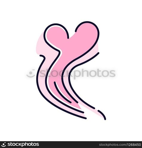 Odor pink RGB color icon. Good smell. Aroma swirl with heart shape. Nice perfume scent wave. Aromatic fragrance flow. Smoke puff, steam curl, evaporation. Isolated vector illustration