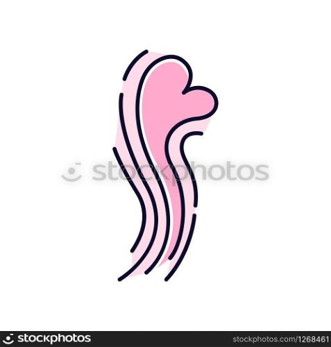 Odor pink RGB color icon. Good smell. Aroma swirl with heart shape evaporation. Perfume scent. Aromatic fragrance flow. Fluid puff, steam curl, evaporation. Isolated vector illustration