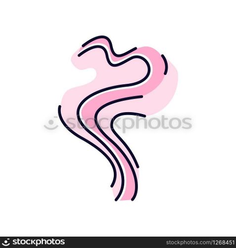 Odor pink RGB color icon. Perfume scent swirl. Good smell. Aroma air wave, fume. Smoke puff, steam curl, evaporation. Aromatic fragrance flowing spirals. Isolated vector illustration