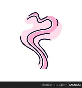 Odor pink RGB color icon. Perfume scent swirl. Good smell. Aroma air wave, fume. Smoke puff, steam curl, evaporation. Aromatic fragrance flowing spirals. Isolated vector illustration