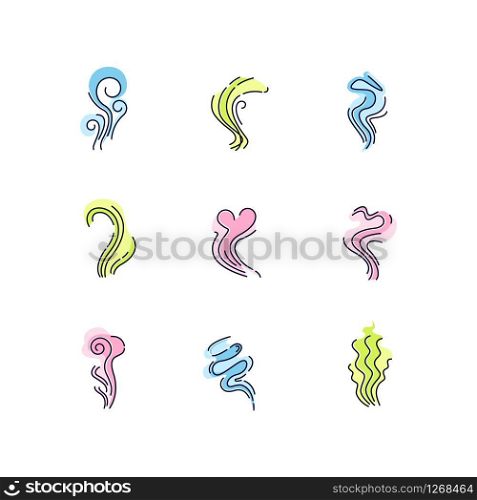 Odor RGB color icons set. Good and bad smell. Heart shape nice odour, fluid, perfume scent. Stinking stench. Aromatic fragrance. Smog stream, fume swirls. Isolated vector illustrations