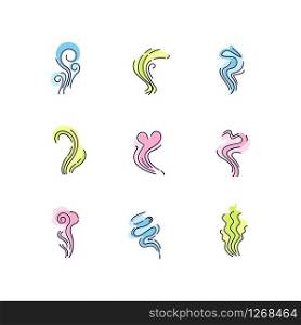 Odor RGB color icons set. Good and bad smell. Heart shape nice odour, fluid, perfume scent. Stinking stench. Aromatic fragrance. Smog stream, fume swirls. Isolated vector illustrations