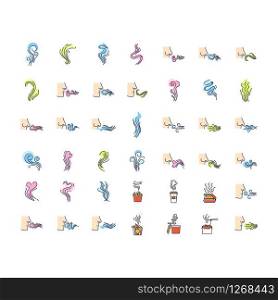 Odor RGB color icons set. Hot food steam, perfume odour. Human nose smelling scent. Evaporation flow shape. Aromatic fragrance, fluid. Smog, fume swirls. Isolated vector illustrations
