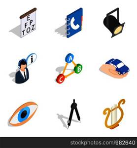 Oeuvre icons set. Isometric set of 9 oeuvre vector icons for web isolated on white background. Oeuvre icons set, isometric style