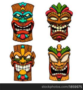 ??? of Illustrations of Tiki tribal wooden mask. Design element for logo, emblem, sign, poster, card, banner. Vector illustration