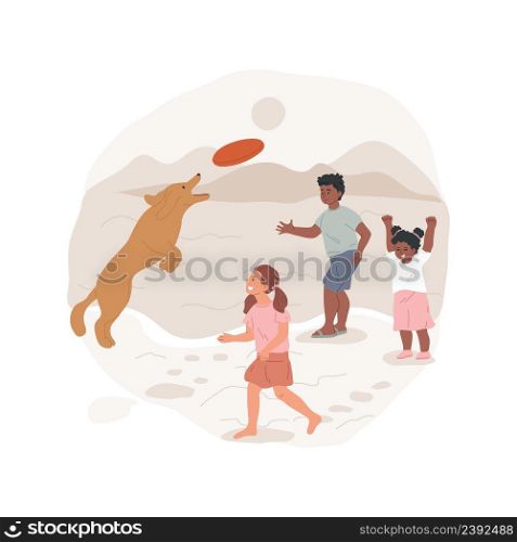 Off-leash playing isolated cartoon vector illustration Kid throwing a frisbee to a dog, catching flying toy, running off-leash, family walking with pet at the beach, having fun vector cartoon.. Off-leash playing isolated cartoon vector illustration