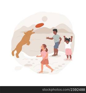 Off-leash playing isolated cartoon vector illustration Kid throwing a frisbee to a dog, catching flying toy, running off-leash, family walking with pet at the beach, having fun vector cartoon.. Off-leash playing isolated cartoon vector illustration