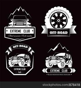 Off-road 4x4 extreme car club logo templates. Vector symbols and icons of off road car or truck with wheel tires and motor engine piston for mountain or rock crawlers club. Off-road 4x4 extreme car club logo templates. Vector symbols