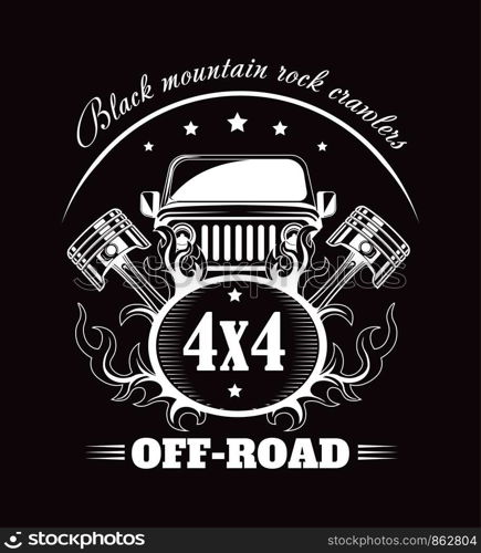 Off-road 4x4 extreme car club poster. Vector design of off road car or truck with wheel tires and motor engine piston with stars for mountain or rock crawlers auto club. Off-road extreme car or auto driver club vector poster