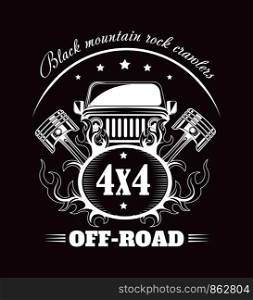 Off-road 4x4 extreme car club poster. Vector design of off road car or truck with wheel tires and motor engine piston with stars for mountain or rock crawlers auto club. Off-road extreme car or auto driver club vector poster