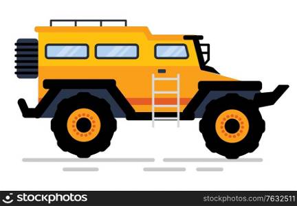 Off-road car in yellow color, side view of suv with stairs and trick, construction equipment. Automobile with big wheels, rally auto, transportation. Vector illustration in flat cartoon style. Auto with Big Wheels and Stairs, Yellow Suv Vector