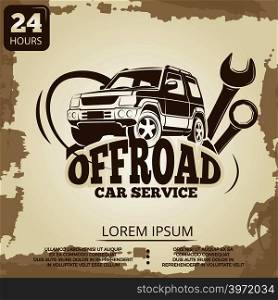 Off-road car service vintage poster design. Banner with automobile, vector illustration. Off-road car service vintage poster design