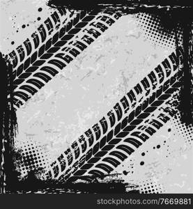 Off road car tires marks grunge background. Vehicle wheels protector dirty traces, auto, motorcycle or truck tires treads vector texture with mud or dirt splatters. Motorsport or transport frame. Off road car tires marks grunge vector background