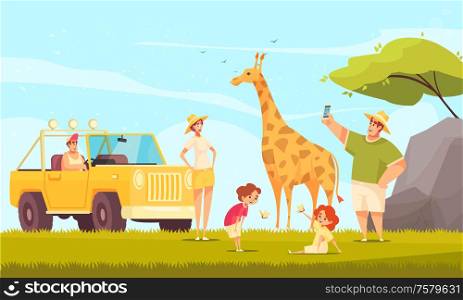 Off road driving safari adventures flat composition with young family with kids making giraffe photos vector illustration
