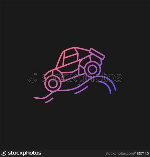 Off road racing gradient vector icon for dark theme. Driving modified vehicle. Racing along improvised routes. Thin line color symbol. Modern style pictogram. Vector isolated outline drawing. Off road racing gradient vector icon for dark theme