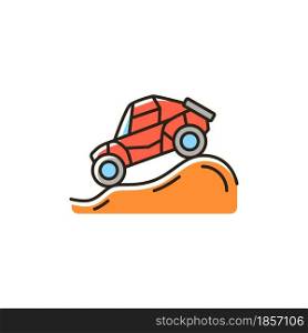 Off road racing RGB color icon. Driving modified vehicle. Racing along improvised routes. Competition on unpaved roads and desert terrain. Isolated vector illustration. Simple filled line drawing. Off road racing RGB color icon