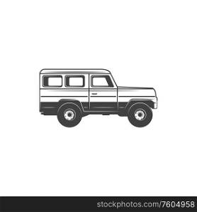 Off-road truck, retro pickup vehicle icon. Vector isolated vintage motor car, safari off-road wagon transport. Vintage truck, retro off-road vehicle car