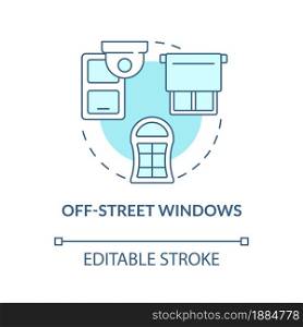Off street windows blue concept icon. Security system abstract idea thin line illustration. Place cameras above windows. Break in prevention. Vector isolated outline color drawing. Editable stroke. Off street windows blue concept icon
