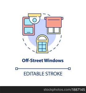 Off street windows concept icon. Security system abstract idea thin line illustration. Place cameras above windows. Break in prevention. Vector isolated outline color drawing. Editable stroke. Off street windows concept icon
