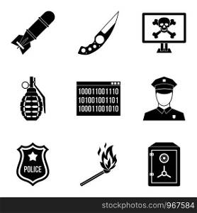 Offence icons set. Simple set of 9 offence vector icons for web isolated on white background. Offence icons set, simple style
