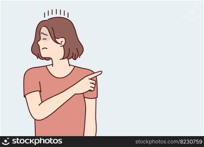 offended woman turns away and closing eyes points finger to side after quarrel or insults. Depressed girl in casual t-shirt is sad after job loss or lack of career growth. Flat vector illustration. Offended woman turns away and closing eyes points finger to side after quarrel. Vector image