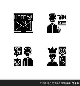 Offensive comments online black glyph icons set on white space. Email cyberbullying. Political discrimination. Racial bullying. Phone call prank. Silhouette symbols. Vector isolated illustration. Offensive comments online black glyph icons set on white space