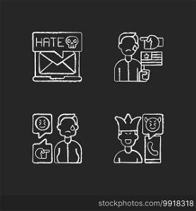 Offensive comments online chalk white icons set on black background. Email cyberbullying. Political discrimination. Racial bullying. Phone call prank. Isolated vector chalkboard illustrations. Offensive comments online chalk white icons set on black background