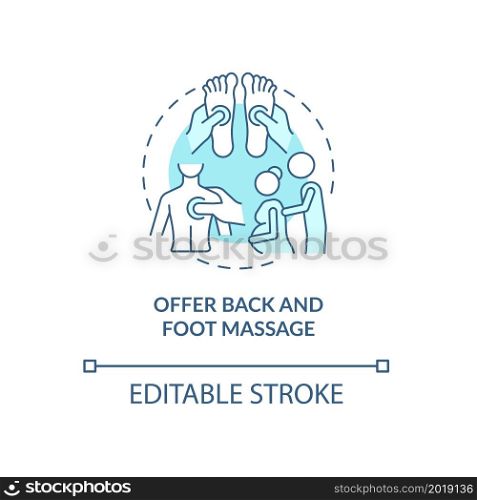 Offer back and foot massage blue concept icon. Support during pregnancy abstract idea thin line illustration. Lessening depression and swelling. Vector isolated outline color drawing. Editable stroke. Offer back and foot massage blue concept icon