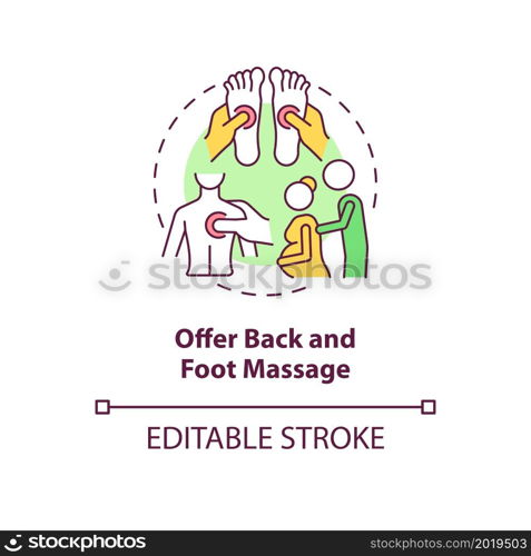 Offer back and foot massage concept icon. Partner support during pregnancy abstract idea thin line illustration. Soothing massage therapy. Vector isolated outline color drawing. Editable stroke. Offer back and foot massage concept icon