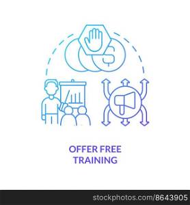 Offer free training concept blue gradient icon. Provide courses. Engagement marketing strategy abstract idea thin line illustration. Isolated outline drawing. Myriad Pro-Bold font used. Offer free training concept blue gradient icon