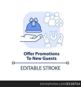 Offer promotions to new guests light blue concept icon. Restaurant marketing abstract idea thin line illustration. Isolated outline drawing. Editable stroke. Arial, Myriad Pro-Bold fonts used. Offer promotions to new guests light blue concept icon