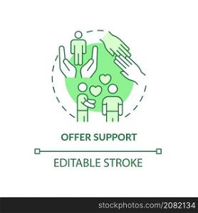 Offer support green concept icon. Therapeutic activity abstract idea thin line illustration. Sincere encouragement. Isolated outline drawing. Editable stroke. Roboto-Medium, Myriad Pro-Bold fonts used. Offer support green concept icon