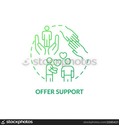 Offer support green gradient concept icon. Showing moral support abstract idea thin line illustration. Being emotional supportive. Isolated outline drawing. Roboto-Medium, Myriad Pro-Bold fonts used. Offer support green gradient concept icon