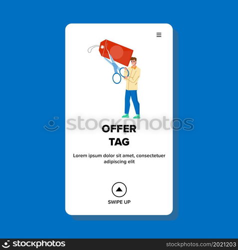 Offer Tag Cutting Man Client With Scissors Vector. Low Price Offer Tag Holding And Cut Guy Customer. Character Boy Season Sale Discount And Special Rate Web Flat Cartoon Illustration. Offer Tag Cutting Man Client With Scissors Vector