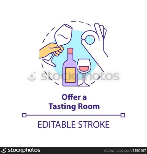 Offer tasting room concept icon. Successful restaurant business abstract idea thin line illustration. Wine unique flavors. Isolated outline drawing. Editable stroke. Arial, Myriad Pro-Bold fonts used. Offer tasting room concept icon