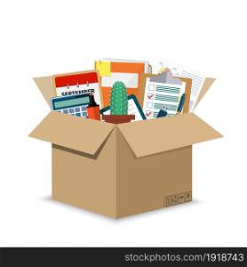 Office accessories in a cardboard box isolated on a white background. There is a calculator, folders, pen, marker and other stationery. Vector illustration in flat style. Office accessories in a cardboard box