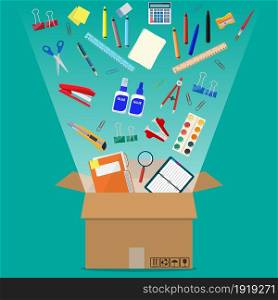 Office accessories in cardboard box. Book, notebook, ruler, knife, folder, pencil, pen, calculator scissors paint tape file. Office supply stationery and education. Vector illustration flat style. Office accessories in cardboard box.