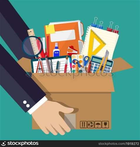 Office accessories in cardboard box in hand. Book, notebook, ruler, knife, folder, pencil, pen, calculator scissors tape file. Office supply stationery and education. illustration flat style. Office accessories in cardboard box in hand.
