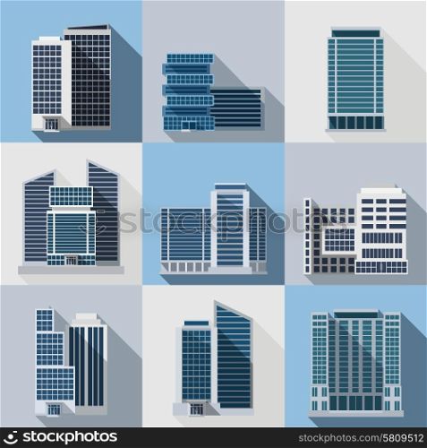 Office and business buildings flat long shadow icons set isolated vector illustration. Office Buildings Set