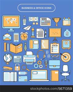 Office and business icons flat line set isolated vector illustration