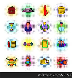 Office and business icons in comics style on a white background . Office and business icons, comics style