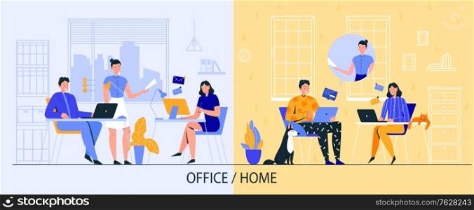 Office and freelance work poster with online work symbols flat vector illustration