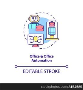 Office and office automation concept icon. Information systems kind abstract idea thin line illustration. Future of work. Isolated outline drawing. Editable stroke. Arial, Myriad Pro-Bold fonts used. Office and office automation concept icon